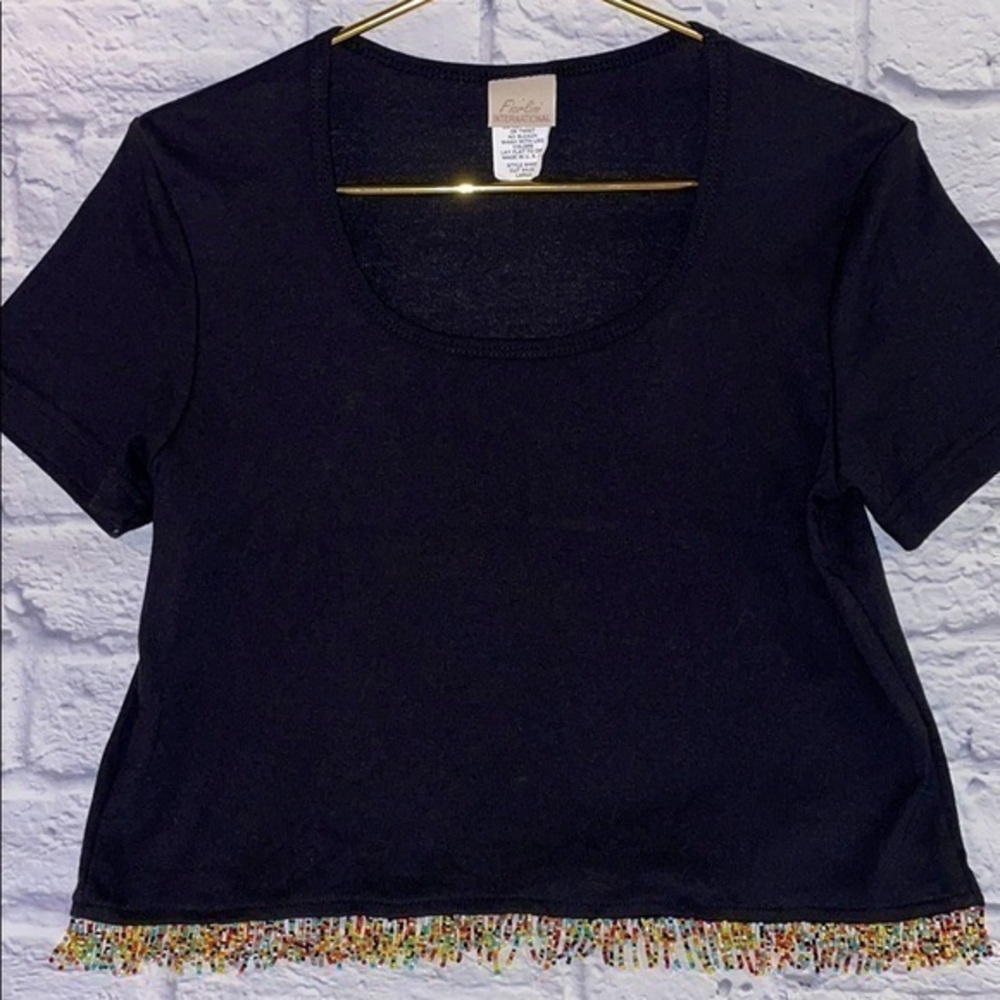 Vintage 90s Fiorlini International Multicolor Beaded Fringe Boho Crop Top Blouse